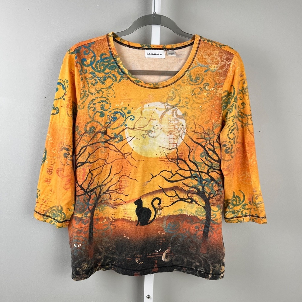 i.b. diffusion Top Womens L Halloween Vintage Y2K Orange Black Cat Bejeweled